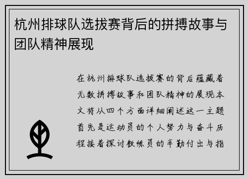 杭州排球队选拔赛背后的拼搏故事与团队精神展现
